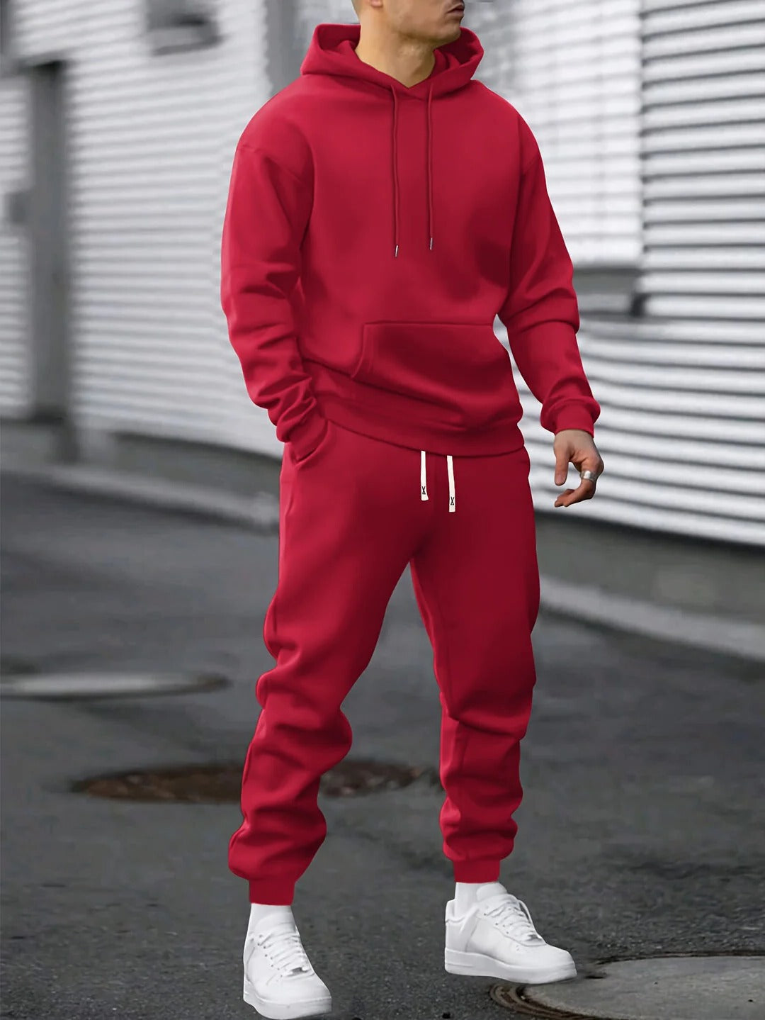 Men's premium fleece hoodie and jogger tracksuit set in solid color, relaxed fit for workout and lounge