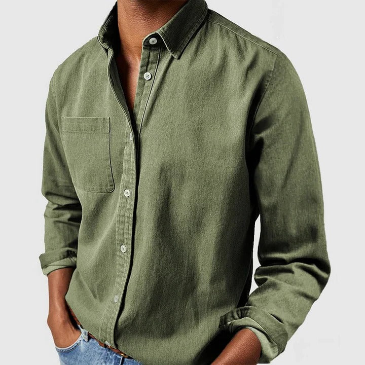 Unisex relaxed fit long sleeve button-front shirt, breathable lightweight fabric for all-day comfort