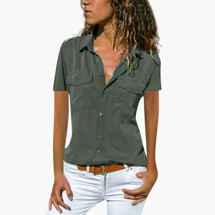 Women's short sleeve button-down blouse, airy refined fit with V-neck collar for work and weekend