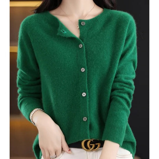 Women's cozy V-neck cardigan sweater with front buttons, long sleeves, minimal silhouette for layering