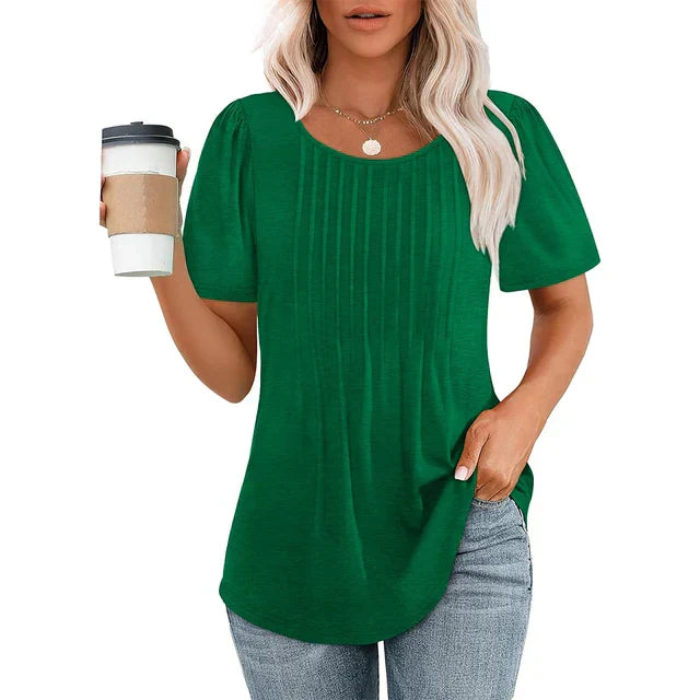 Women's white lightweight summer blouse with round neckline and delicate pleated details for everyday chic