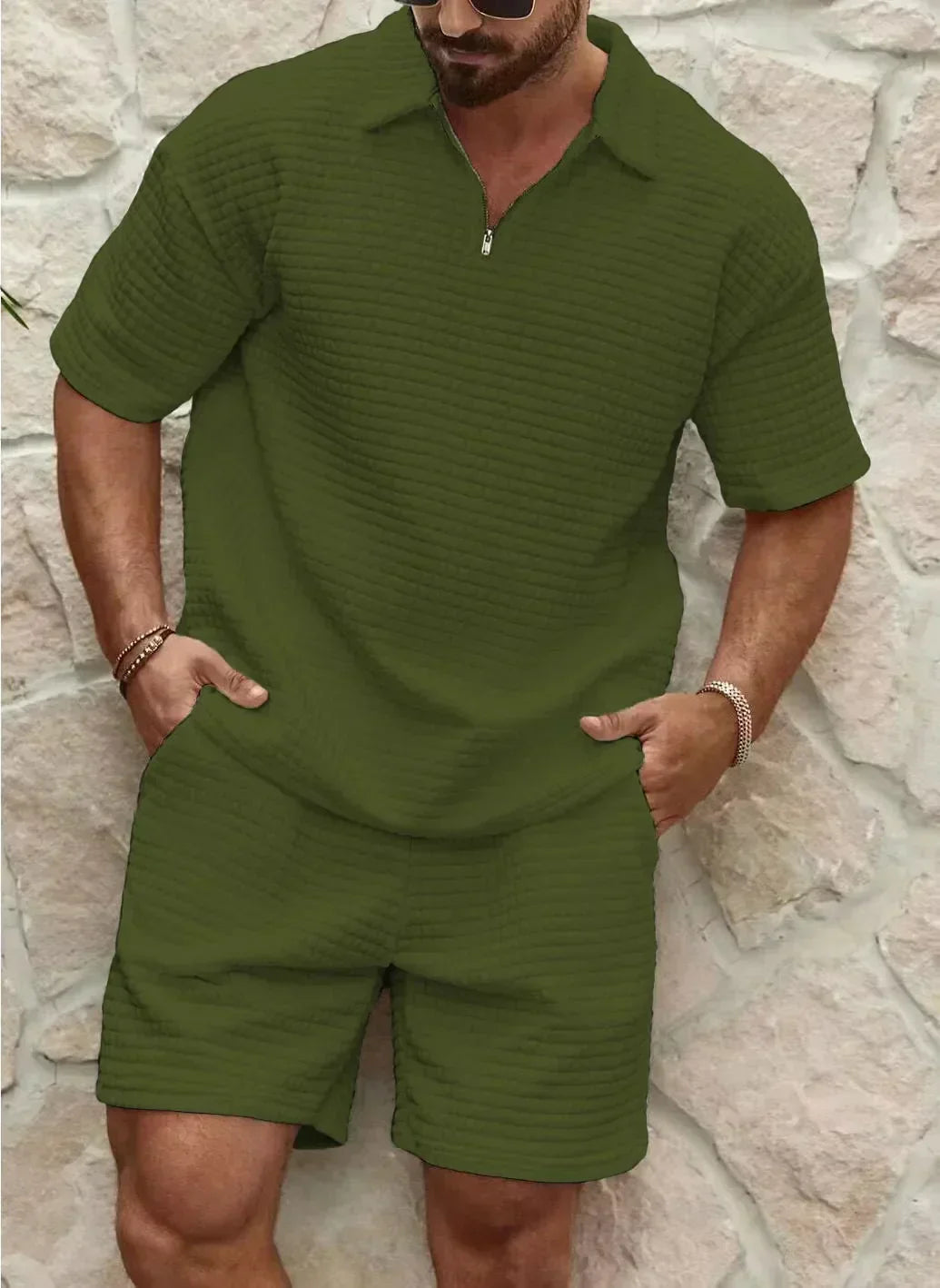 Men's light blue cotton blend 2-piece shirt and shorts set with relaxed fit for beach summer style