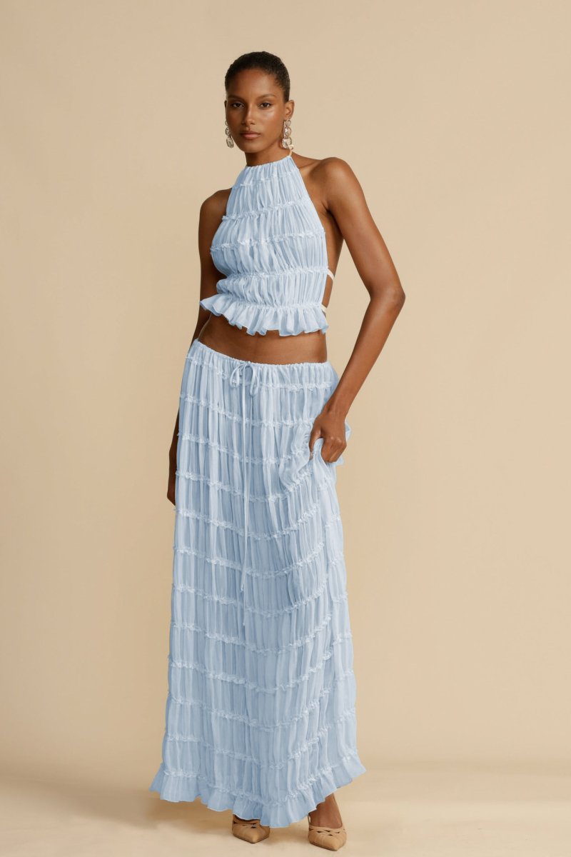 Women's halter neck ruffle top & long pleated skirt two-piece set elegant summer style