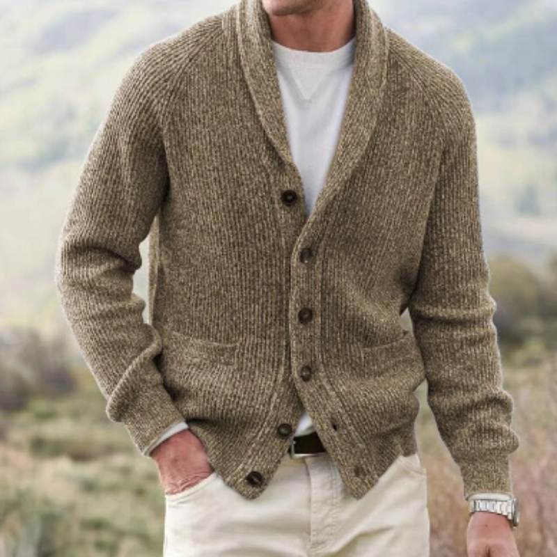 Men's ribbed knit cardigan in relaxed fit with structured button front and shawl collar