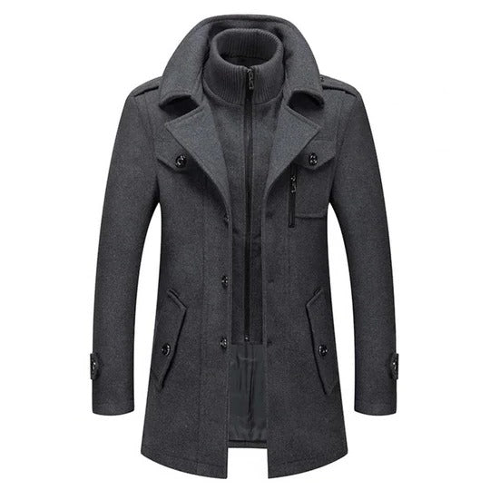 Men's two-piece winter coat with thermal lining, wind-blocking collar, structured fit in neutral tone