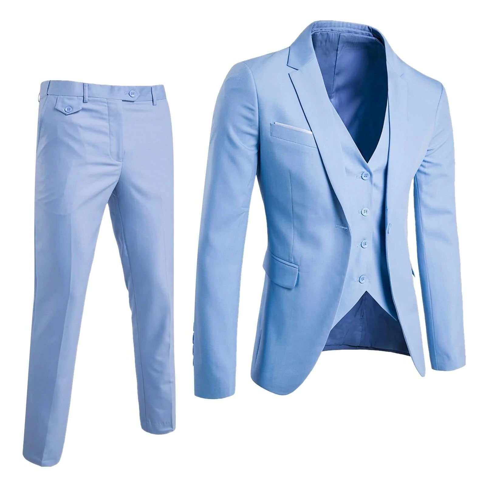 Men's 3-piece formal suit set slim-fit jacket vest trousers with belt loops business attire