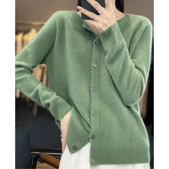 Women's beige V-neck cardigan sweater long sleeves front button detail cozy layering top
