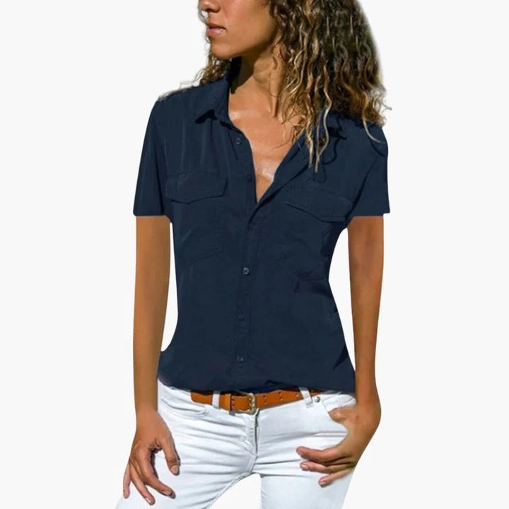 Women's short sleeve button-down blouse, airy refined fit, V-neck collar, versatile work-to-weekend style