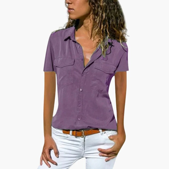 Women's short sleeve button-down summer blouse V-neck collar lightweight airy refined fit work weekend