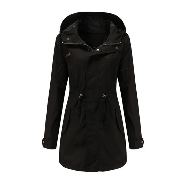 Lightweight hooded windbreaker jacket in neutral tones, slim casual fit with adjustable drawcord hood