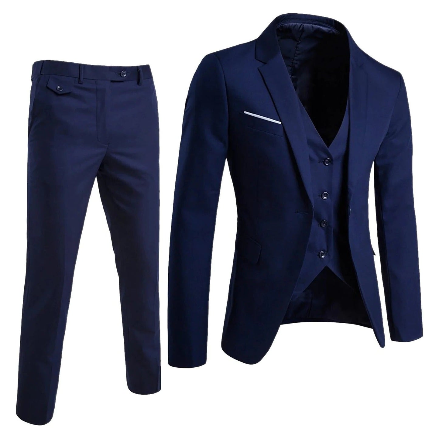 Men's 3-piece formal suit set slim-fit jacket vest trousers with belt loops business attire