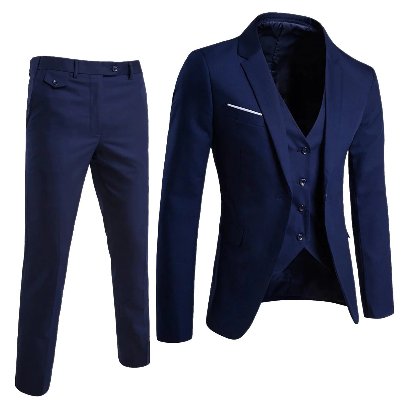Men's 3-piece formal suit set slim-fit jacket vest trousers with belt loops business attire