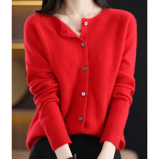 Women's cozy V-neck cardigan sweater with front buttons, long sleeves, minimal silhouette for layering