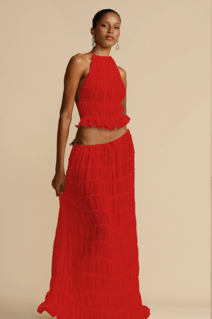 Women's halter neck ruffle top & long pleated skirt two-piece set elegant summer look
