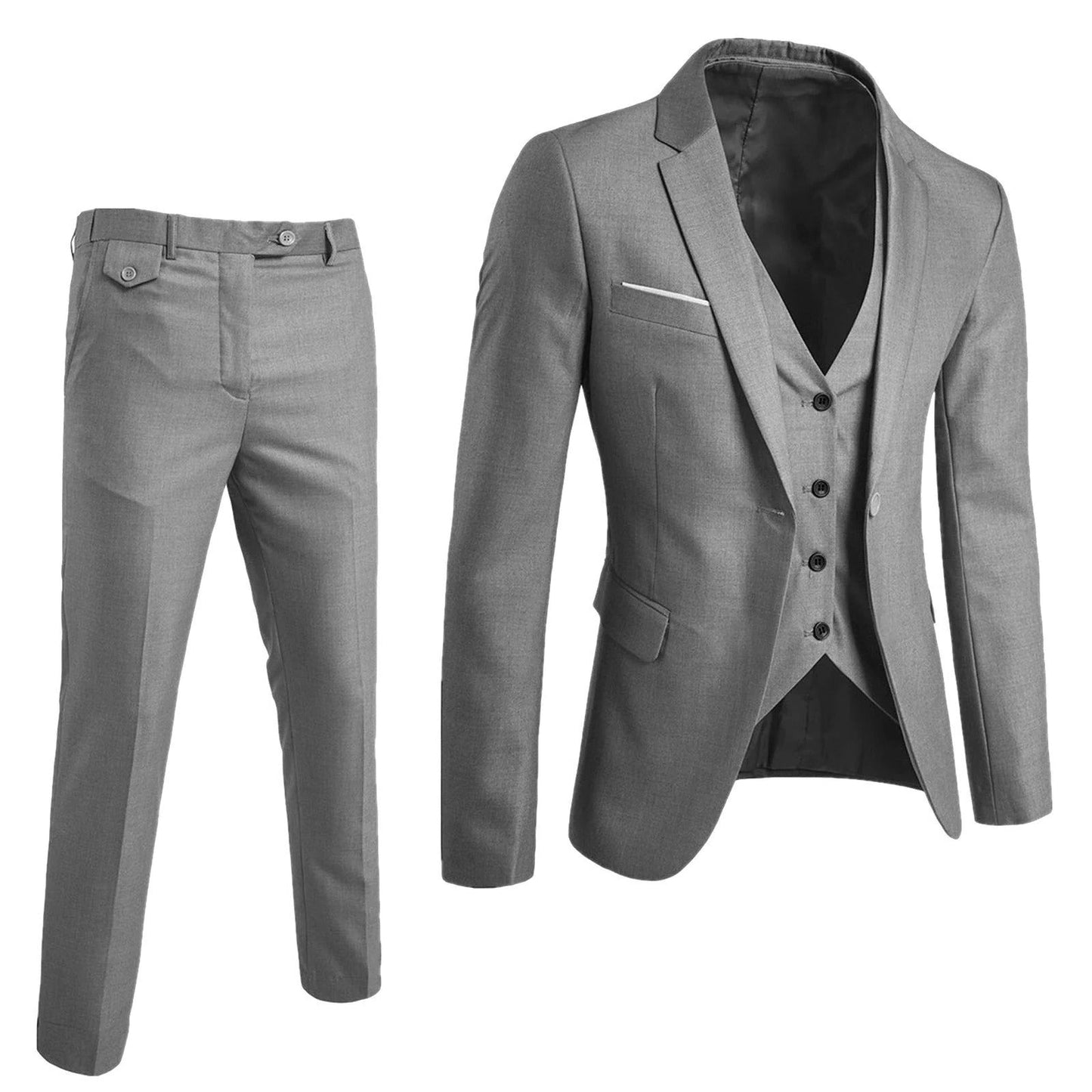 Men's 3-piece formal suit set slim-fit jacket vest trousers with belt loops business attire