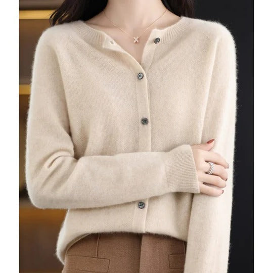 Women's V-neck cardigan sweater with front buttons, long sleeves, minimal silhouette for layering