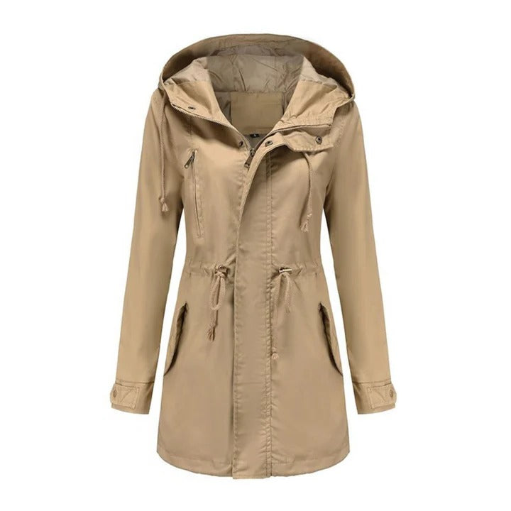 Lightweight hooded windbreaker jacket in neutral tones, slim fit with adjustable drawcord hood for wind resistance