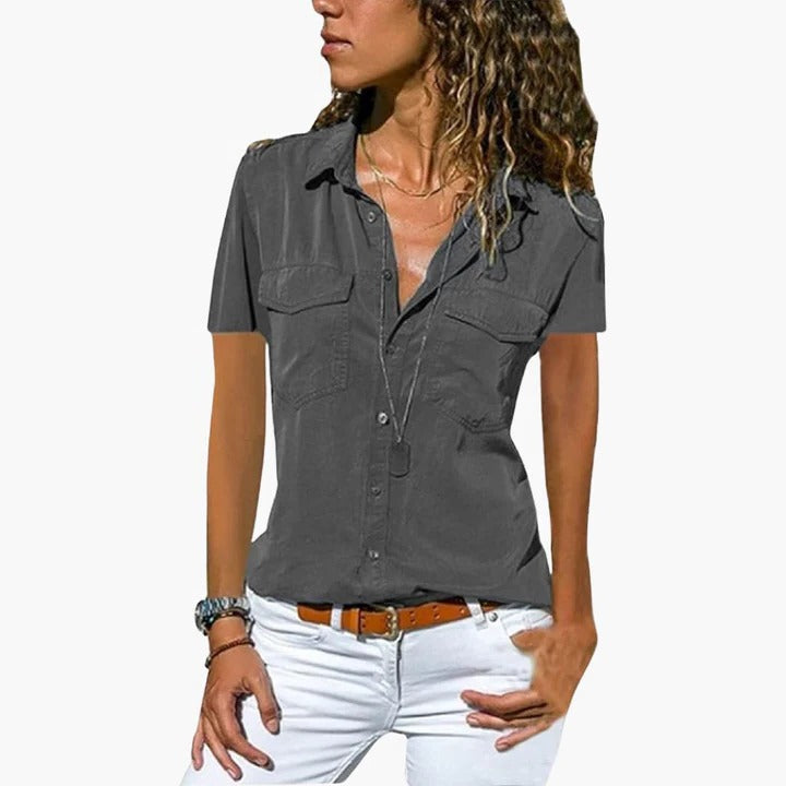 Women's short sleeve button-down blouse V-neck collar airy refined fit for work and weekend