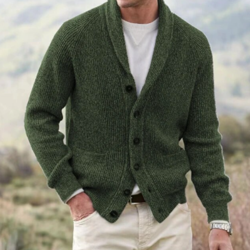 Men's ribbed knit cardigan with shawl collar, relaxed fit, and structured button-front closure