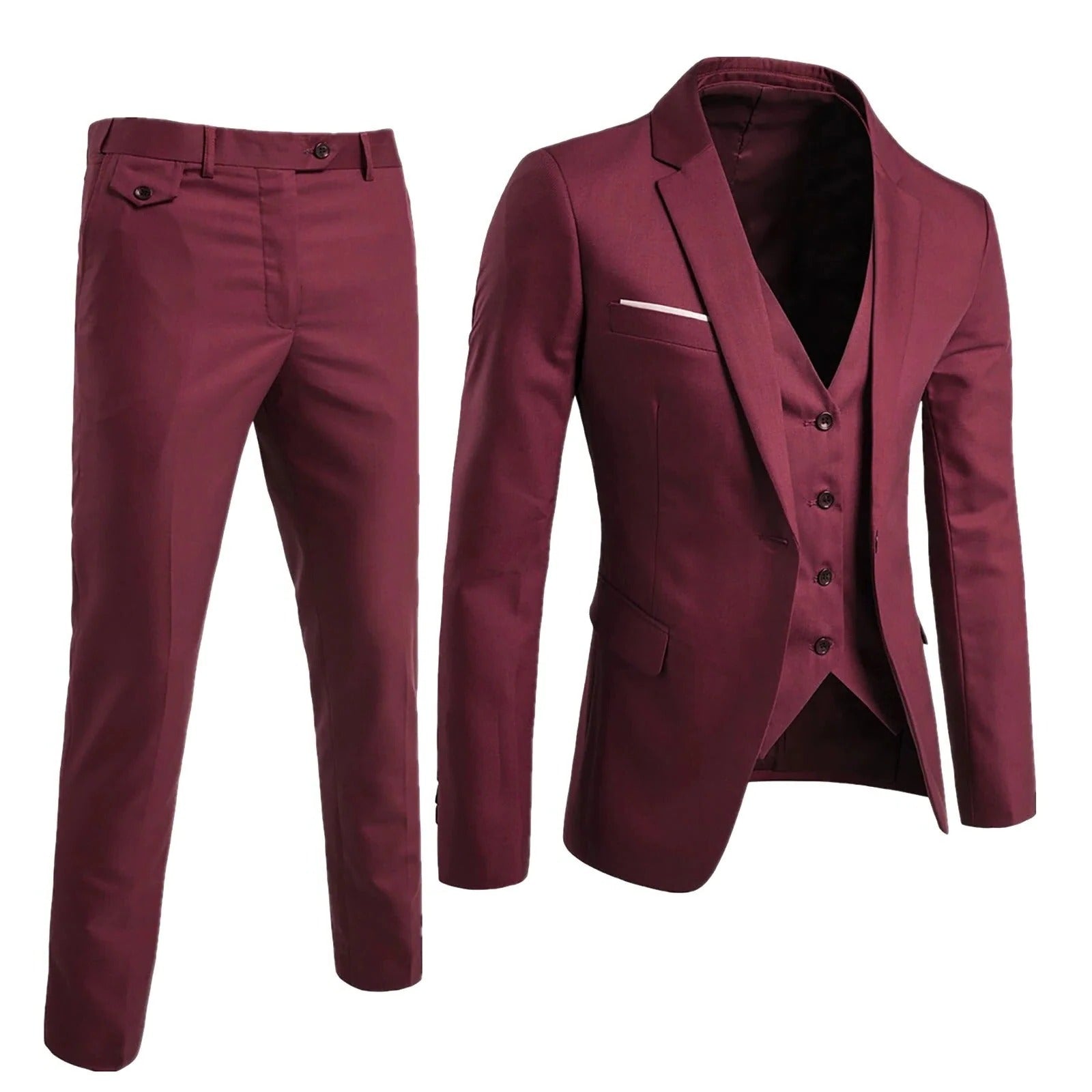 Men's 3-piece formal suit set slim-fit jacket vest trousers with belt loops business attire