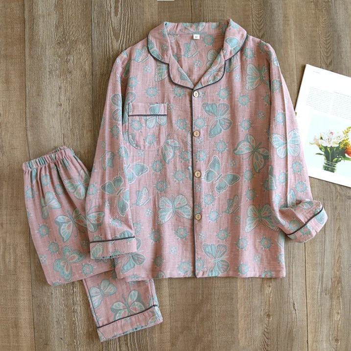 Women's floral two-piece pajama set with long-sleeve top and matching pants, relaxed fit