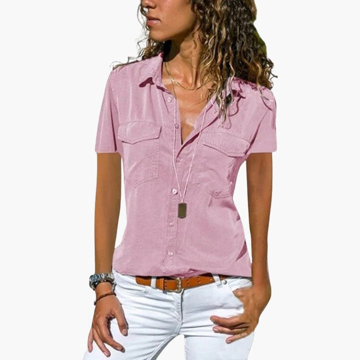 Women's short sleeve button-down blouse V-neck collar airy refined fit for work and weekend