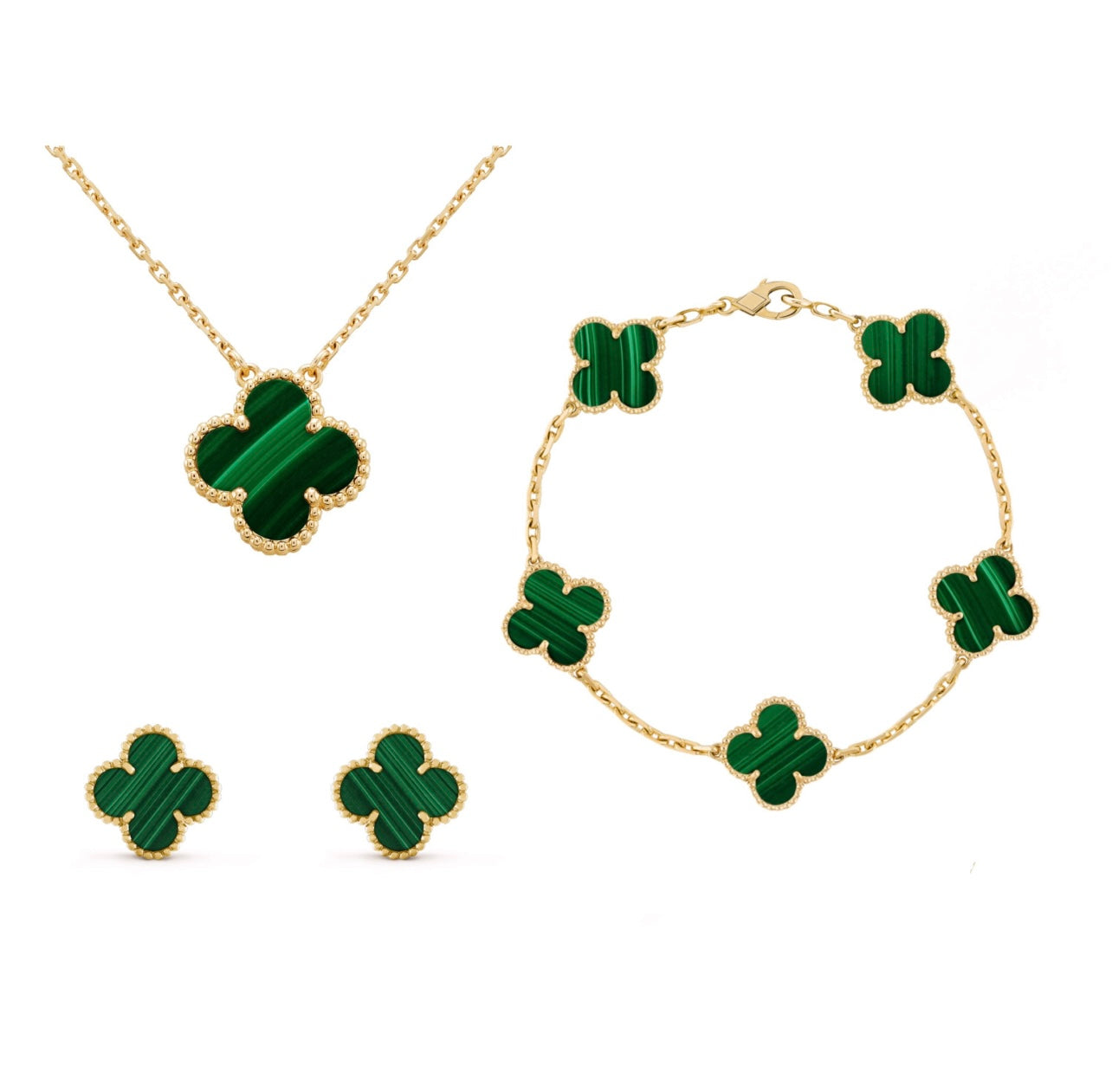 Frida 3-piece clover jewelry set for women, necklace bracelet earrings, nickel-free tarnish-resistant steel