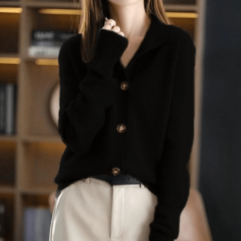 Women's winter button-front cardigan in classic tones, structured silhouette for office and everyday layering