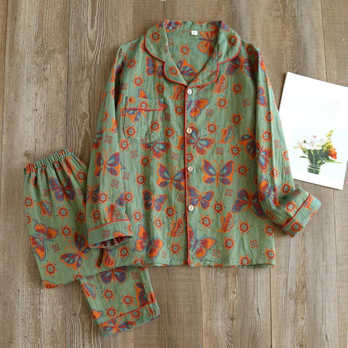 Women's floral two-piece pajama set with long-sleeve top and matching pants, relaxed fit lounge