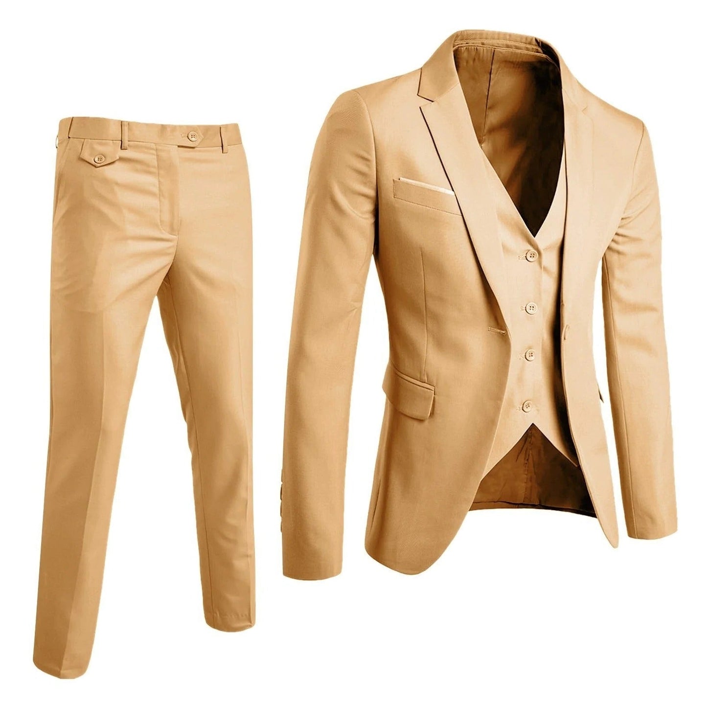 Men's 3-piece formal suit set slim-fit jacket vest trousers with belt loops business style