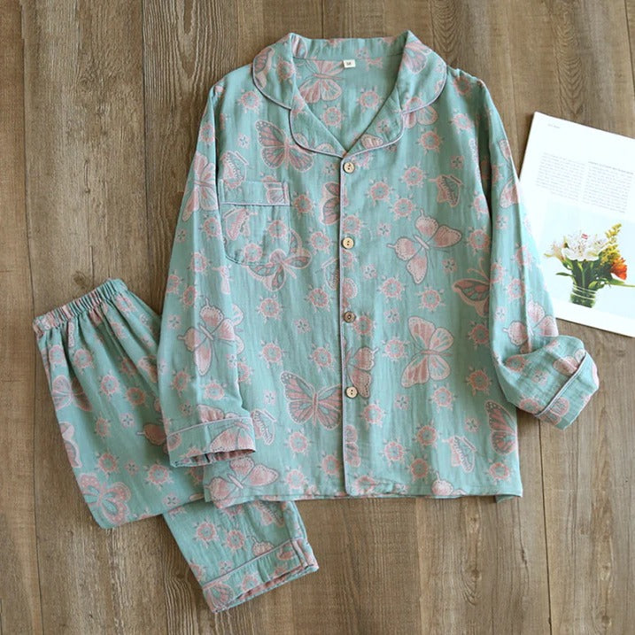 Women's floral two-piece pajama set with long-sleeve top and matching pants, relaxed fit lounge style