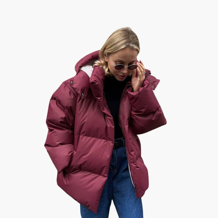 Women's lightweight puffer jacket regular fit hip-length minimalist silhouette travel-ready everyday warmth