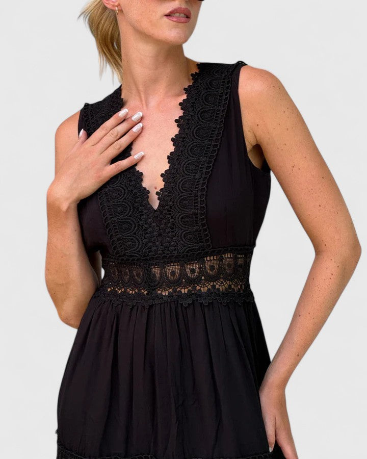 Gabriella women's sleeveless V-neck dress with scalloped edges, flattering silhouette, elegant everyday style