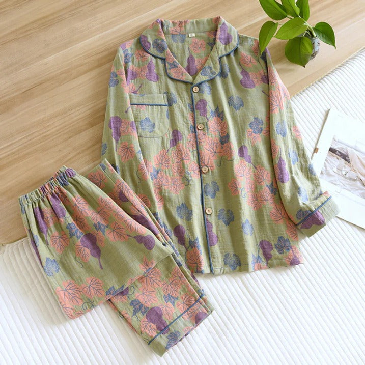 Women's floral two-piece pajama set with long-sleeve top and matching pants in relaxed fit