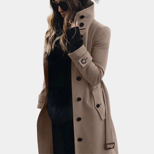 Women's insulated full-length trench coat timeless classic silhouette with front closure cold-weather