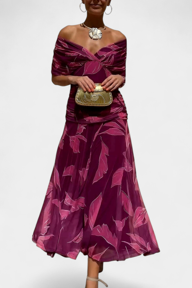 Women's off-shoulder draped midi dress with fitted bodice and flowing skirt for elegant evenings