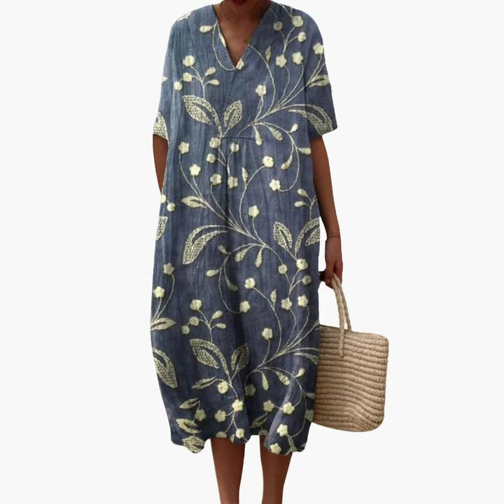 Floral print women's summer midi dress, loose relaxed fit, breathable fabric for everyday chic style