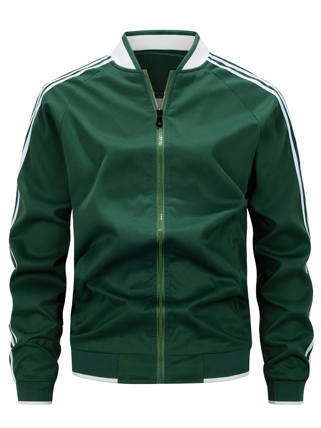 Men's lightweight navy baseball jacket with zip front and contrast striped sleeves for sport and casual wear