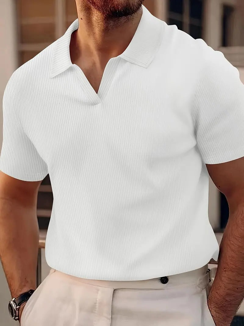Men's light grey waffle knit polo shirt with textured fabric and classic casual collar design