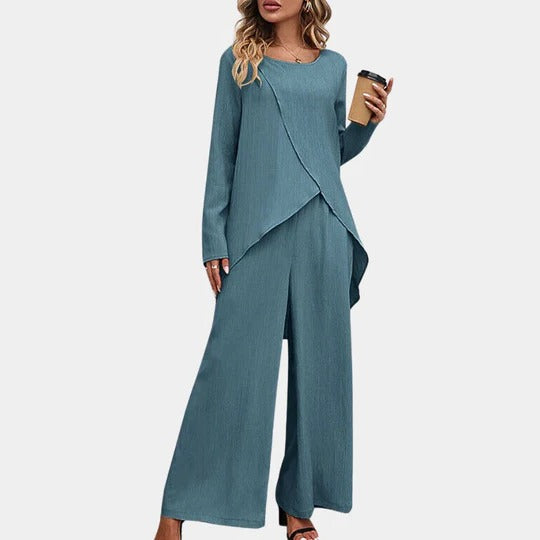 Women's gray long sleeve button-front shirt and straight-leg pants two-piece matching set