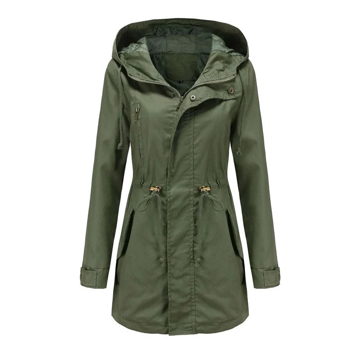 Long weatherproof mackintosh raincoat structured fit extended hip-length urban commuter outerwear
