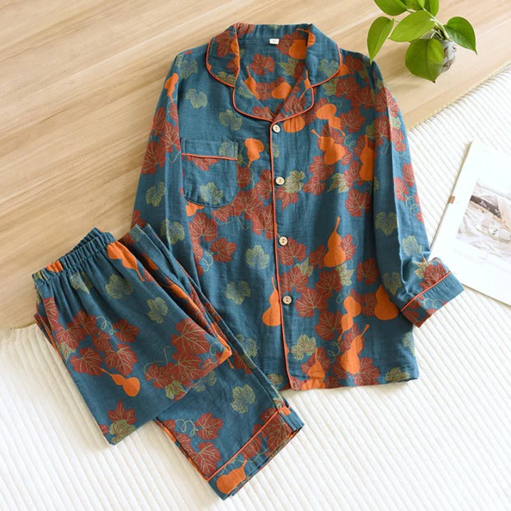 Women's floral two-piece pajama set with long-sleeve top and matching pants relaxed fit