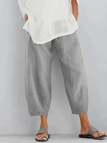 Women's relaxed straight-cut casual summer pants with mid-rise elastic waistband for lightweight everyday comfort