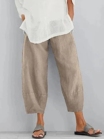 Women's casual straight-leg summer pants with mid-rise elastic waistband for relaxed everyday style