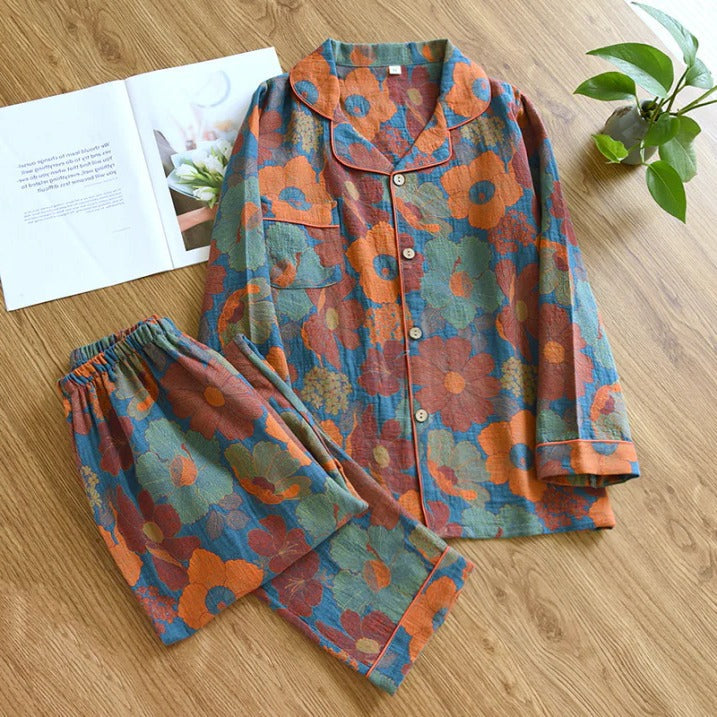 Women's floral two-piece pajama set with long-sleeve top and matching pants for cozy lounging