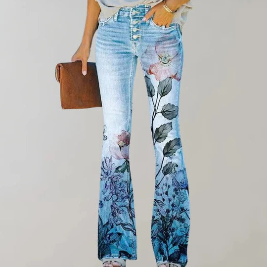 Women's high-rise stretch flared trousers with five-pocket design for all-day comfort