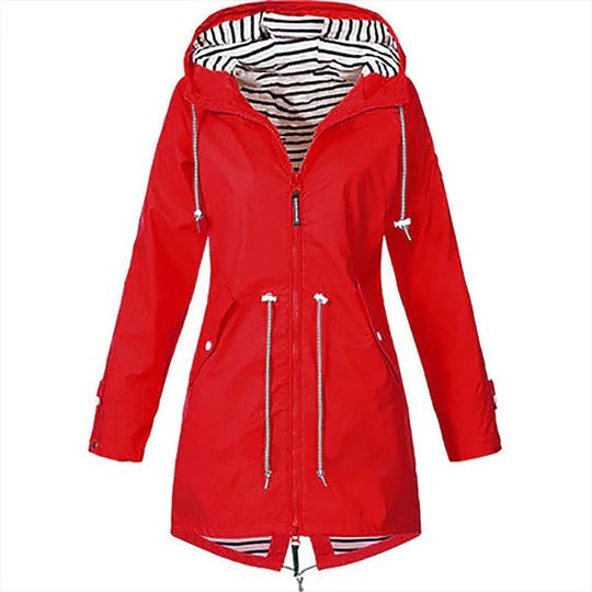 Women's long black mackintosh raincoat tailored fit with adjustable hood waterproof full coverage