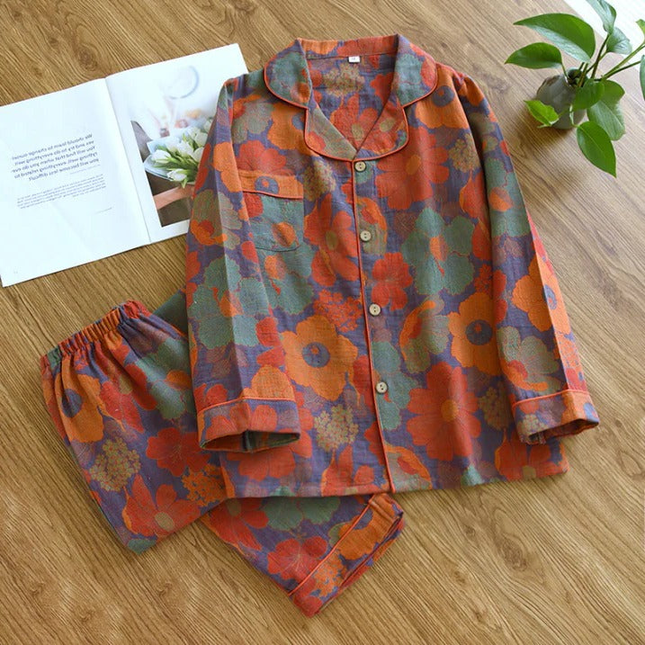 Women's floral two-piece pajama set long-sleeve top matching pants relaxed fit lounge sleepwear