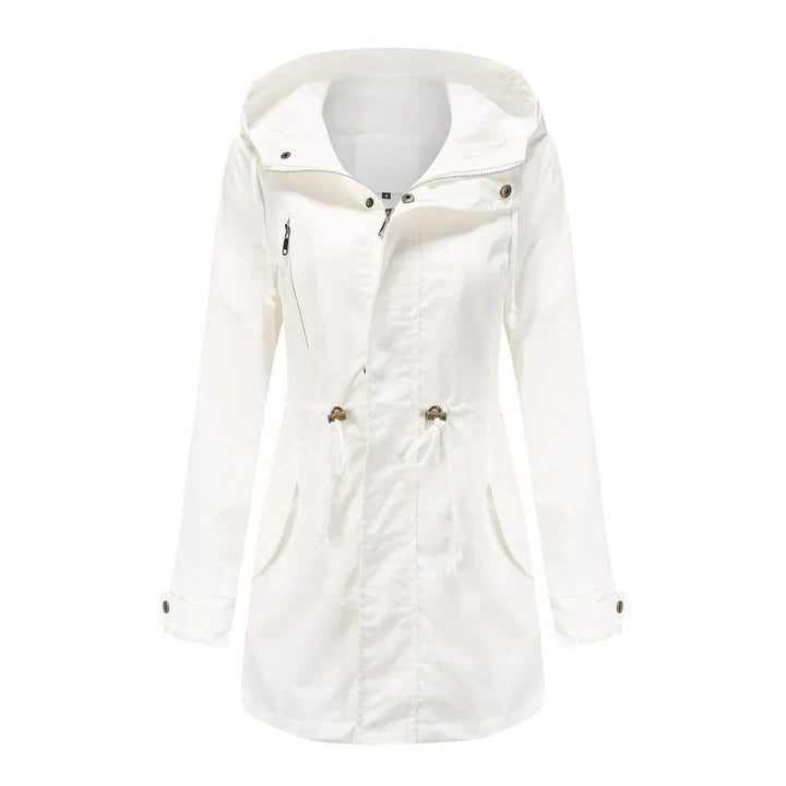 Long weatherproof Mackintosh raincoat structured fit urban commuter style extended hip-length outer layer