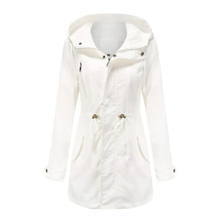 Long weatherproof Mackintosh raincoat structured fit urban commuter style extended hip-length outer layer